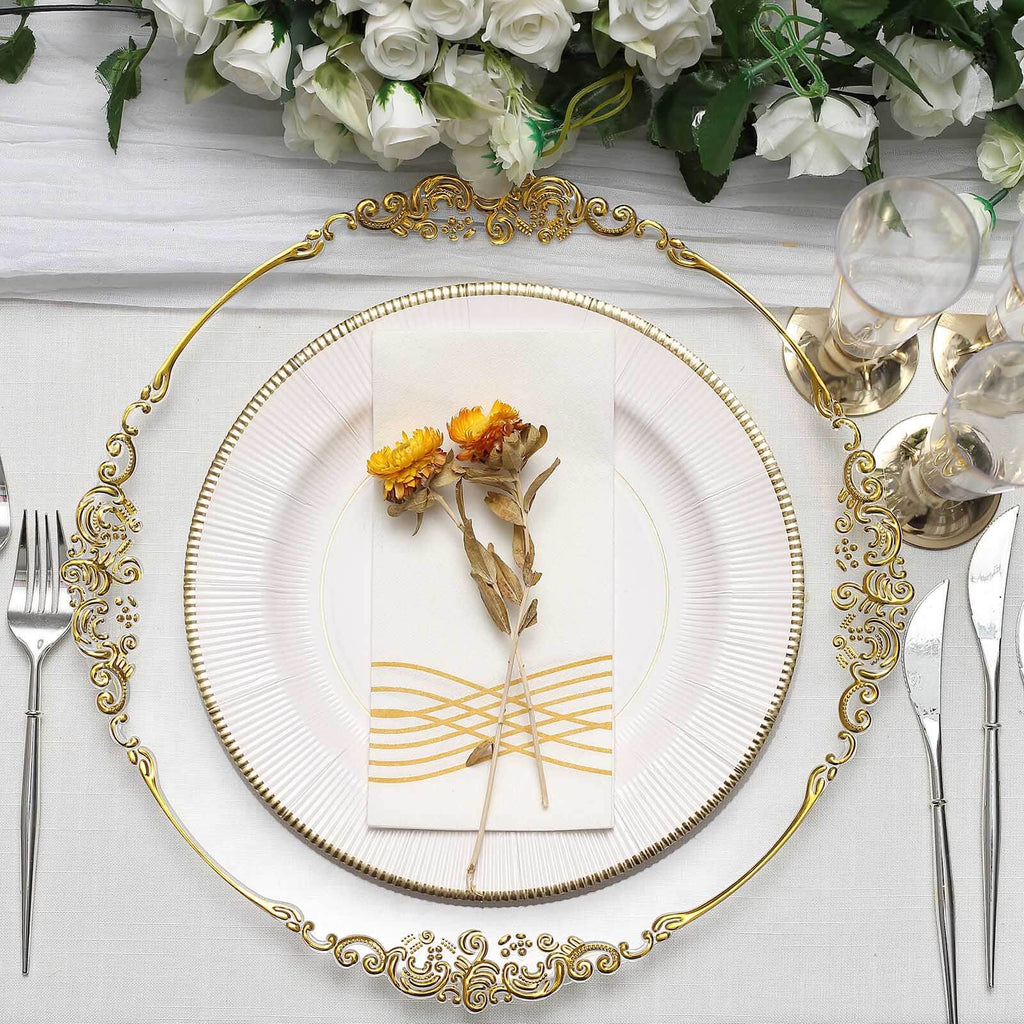 6-Pack Acrylic Charger Plates 13" Round Clear with Gold Embossed Baroque Rim - Antique Decorative Dinner Tableware