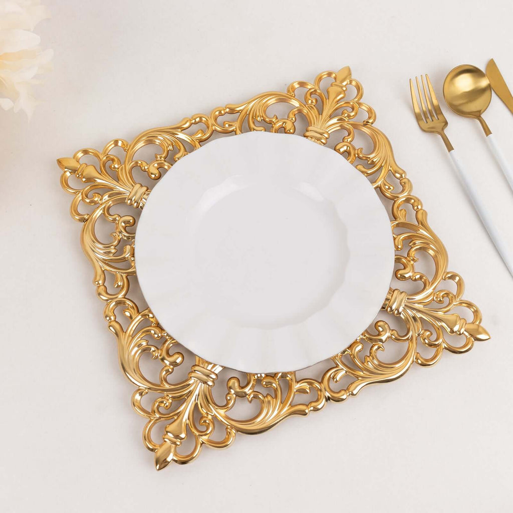 6-Pack Acrylic Charger Plates 12" Square Gold with Hollow Lace Border - Event Tabletop Decorative Charger Tableware